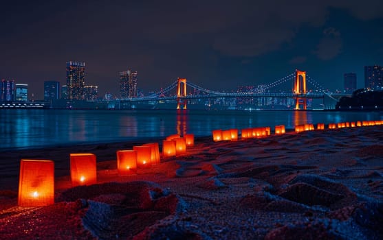 A mesmerizing trail of red lanterns along the sandy shore of Tokyo bay, with the city skyline glowing at night. Japanese Marine Day Umi no Hi also known as Ocean Day or Sea Day.