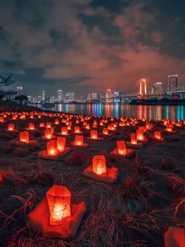 Serene Marine Day scene with glowing lanterns along the riverbank against a Tokyo cityscape at dusk. Japanese Marine Day Umi no Hi also known as Ocean Day or Sea Day.