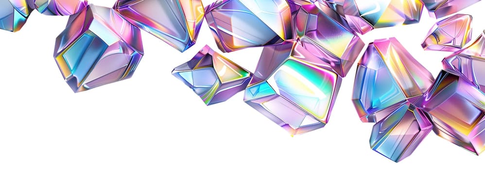 Header with abstract holographic shapes, isolated on white background. Vibrant, iridescent colors gradient. Cut out graphic design element. Page top, upper part. Generative AI