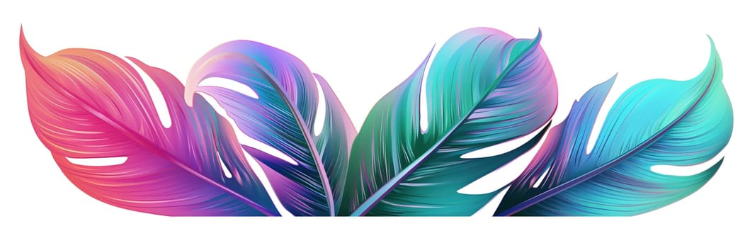 Holographic tropical leaves, arranged in one line, isolated on white background. Vibrant, iridescent color. Divider, separating graphic design element. Footer. Generative AI