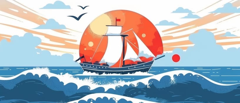 An idyllic digital artwork showcasing a traditional sailing ship cruising at sunset, complemented by seagulls and calm seas