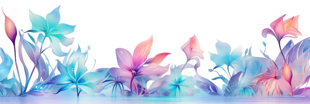 Holographic footer with tropical plants, flowers and water, isolated on white background. Pastel, iridescent color gradient. Generative AI