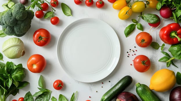 Various types of fresh vegetables such as carrots, tomatoes, bell peppers, cucumbers, and lettuce are neatly arranged on a wooden table. The assortment showcases a vibrant mix of colors and textures, highlighting the natural beauty of each vegetable.