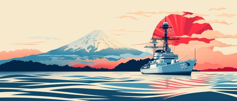 A stylized illustration features a serene sunset with a warship, displaying Japans flag, against a blue sky with fluffy clouds