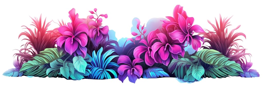 Holographic, vibrant footer with tropical plants and flowers isolated on white background. Iridescent color gradient. Divider, trendy graphic design element, cut out. Generative AI