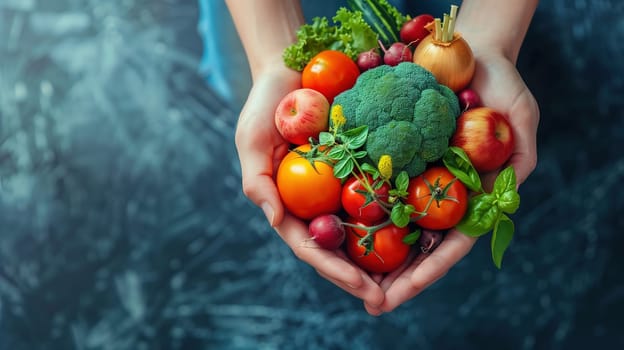 A person is holding a variety of fresh vegetables in their hands, showcasing a successful harvest from a garden or farmers market. The assortment includes tomatoes, carrots, peppers, and cucumbers.