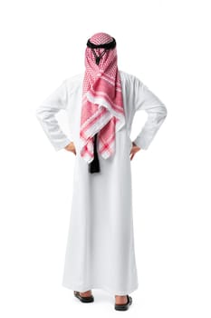 Back view of an Arab man standing on white isolated background close up