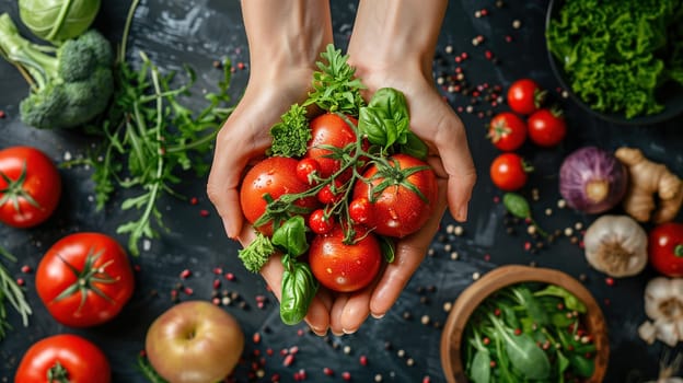 A person standing with a bunch of fresh red tomatoes in their hands. The tomatoes look ripe and vibrant against the persons fingers.