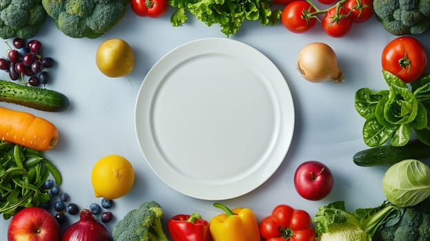 Various types of fresh vegetables such as tomatoes, cucumbers, carrots, and lettuce are arranged around a white plate in a visually appealing display.