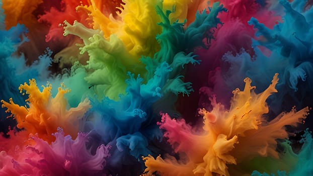 Abstract colorful explosion collides on mid air. Holi powder burst isolated on dark background. Generative AI.