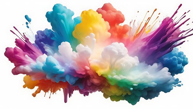 Abstract colorful explosion collides on mid air. Holi powder burst isolated on white background. Generative AI.