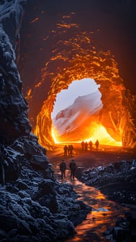 A group of people are navigating through a cave surrounded by molten lava, experiencing the intense heat and mesmerizing landscape of this geological phenomenon