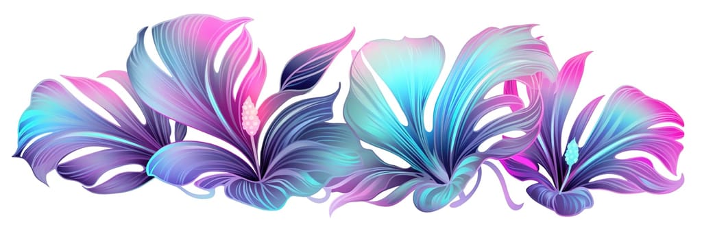 Holographic tropical flowers, arranged in one line, isolated on white background. Vibrant, iridescent color. Divider, separating graphic design element. Can be used as footer or header. Generative AI