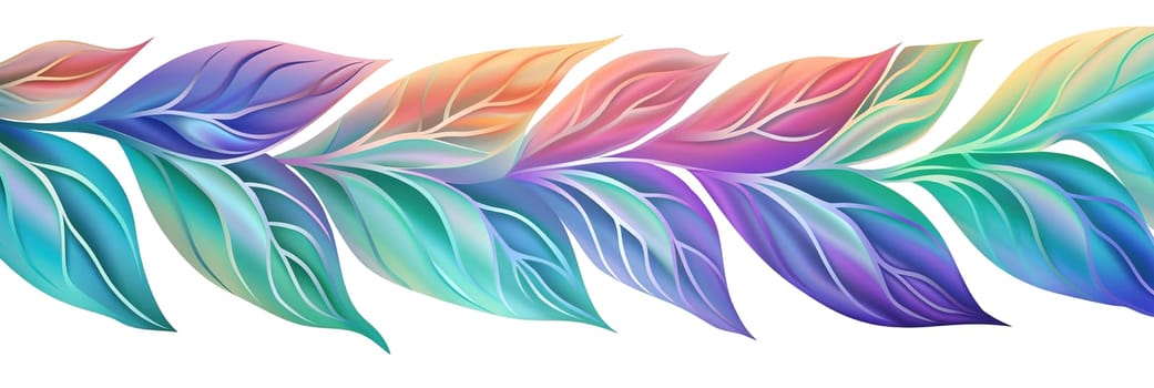 Holographic plants leaves, arranged in one line, isolated on white background. Vibrant, iridescent color. Divider, separating graphic design element. Can be used as footer or header. Generative AI