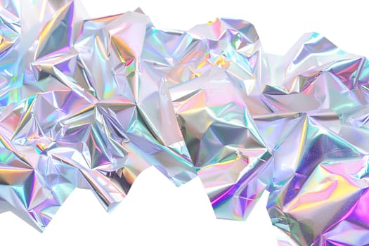 Crumpled holographic metallic shapes with a vibrant, iridescent finish, isolated on white background. Color gradient, y2k style. Cut out graphic design element. Generative AI