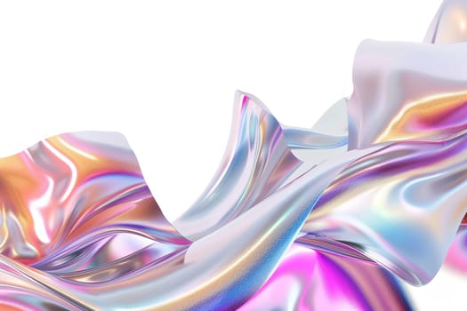 Abstract metallic shape with holographic effect, isolated on white background. Vibrant, iridescent colors gradient. Footer, corner, cut out graphic design element. Generative AI
