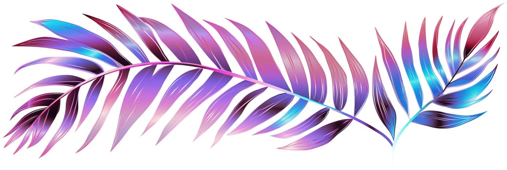 Holographic palm leaves, arranged in one line, isolated on white background. Vibrant, iridescent color. Divider, separating graphic design element. Can be used as footer or header. Generative AI