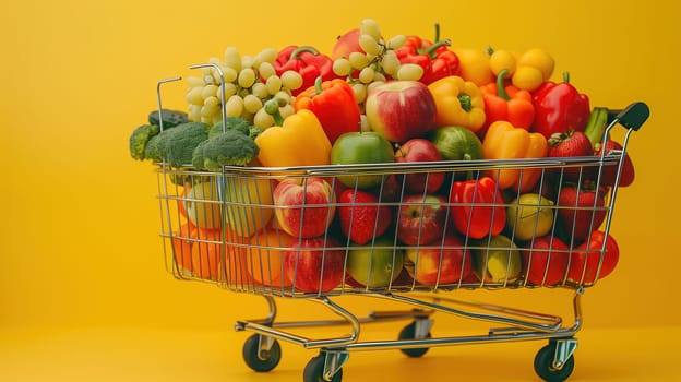 A metal shopping cart is overflowing with a diverse assortment of fresh vegetables, including bell peppers, tomatoes, carrots, broccoli, lettuce, and more. The vibrant colors and textures of the produce create a visually appealing display.
