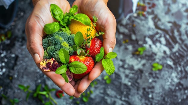 A person standing with a variety of fruits and vegetables in their hands. The individual is holding items like apples, oranges, carrots, and tomatoes, showing a display of fresh and colorful produce.