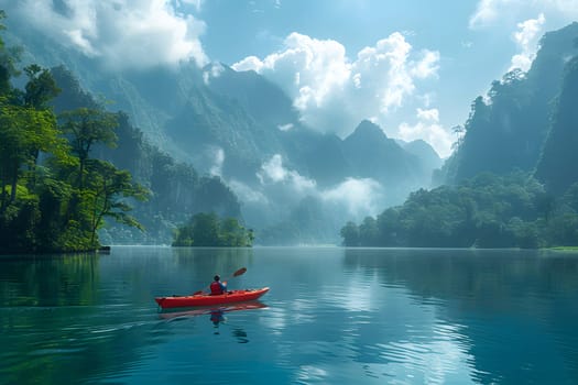 A person is kayaking in a red boat on a tranquil lake surrounded by towering mountains, under a cloudfilled sky in a picturesque natural landscape
