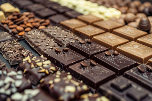 A diverse selection of chocolate bars in various flavors and types, showcasing rich colors and intricate details.