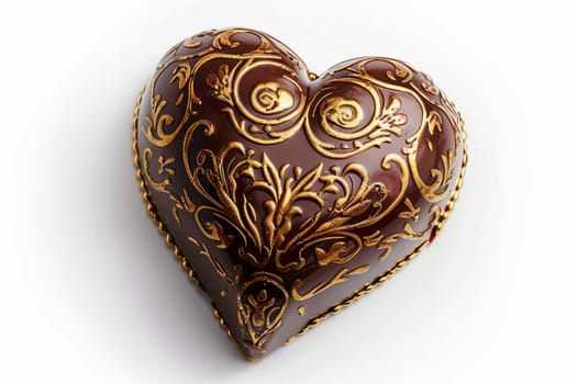 Heart-shaped chocolate box with gold decorative pattern on a white background.