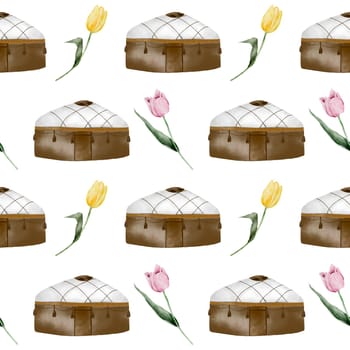 Kazakh pattern seamless watercolor. Spring print with yurts and tulips. Hand drawn illustration on white background of Asian elements. For printing on fabrics and packaging paper for Nauryz. High quality illustration