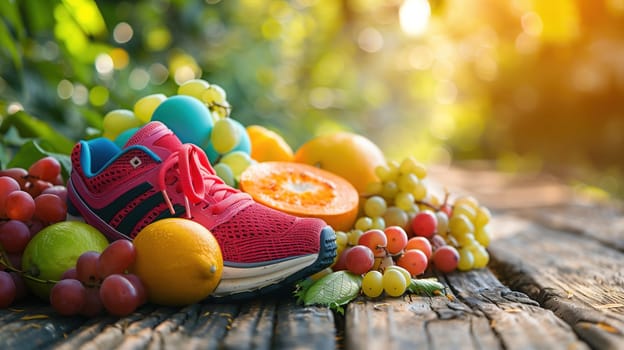 A pair of running shoes placed amidst a variety of colorful fruits like apples, oranges, bananas, and grapes. The scene conveys a contrast between fitness and healthy eating, with the shoes symbolizing exercise and the fruits representing wholesome nutrition.
