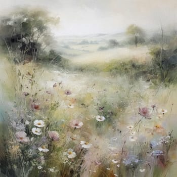 Oil style fine art painting of the English countryside, depicting romantic floral meadow, flowers field in soft pastel colours, evoking a sense of tranquility and natural beauty, printable art design