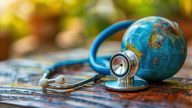 A stethoscope is placed on a wooden table, symbolizing the importance of healthcare and medical practices in the context of Earth Day.