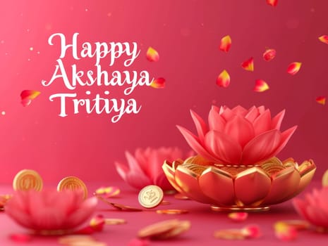 Elegant design for Akshaya Tritiya, showcasing a 3D lotus and gold coins against a festive red background with falling petals