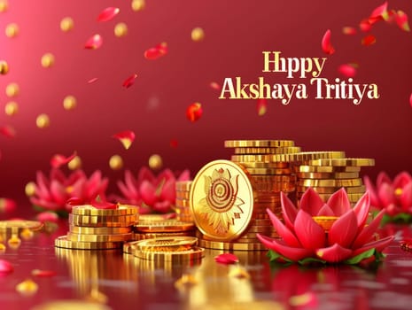 Festive celebration of Akshaya Tritiya with a 3D representation of gold coins and radiant lotus flowers on a rich red background