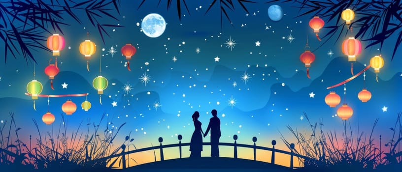 A couple admires a luminous full moon and vibrant lanterns during the Tanabata festival night