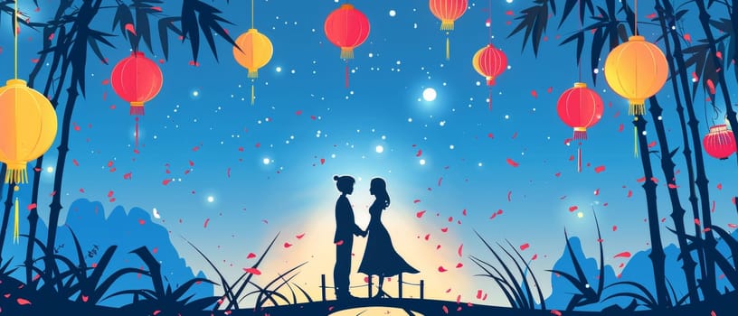 An enchanting Tanabata festival illustration with silhouetted figures, lanterns, and falling petals