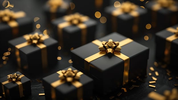 A group of black boxes adorned with shiny gold bows, arranged neatly in a display. The boxes are likely part of a sale promotion, possibly for Black Friday.