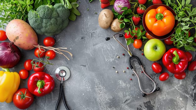 A variety of fresh vegetables are neatly arranged on a table, with a stethoscope placed among them. The scene suggests a combination of health and nutrition concepts being addressed.