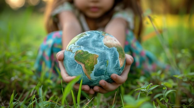 A young girl crouches in a verdant field, gently cradling a small globe in her outstretched hands, symbolizing care and protection for the environment in recognition of Earth Day. Her focus on the miniature world suggests contemplation of our planets health and future.