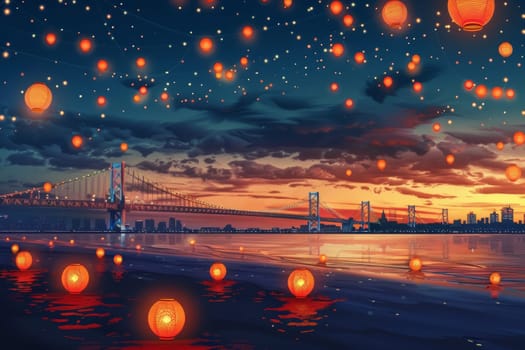 A mesmerizing twilight scene with glowing lanterns rising above the calm waters near an illuminated bridge and city skyline. Japanese Marine Day Umi no Hi also known as Ocean Day or Sea Day.