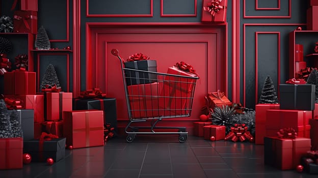 A shopping cart filled with Christmas presents, symbolizing the holiday season and the concept of sales such as Black Friday. The presents are various sizes and wrapped in festive paper, creating a cheerful and festive scene.