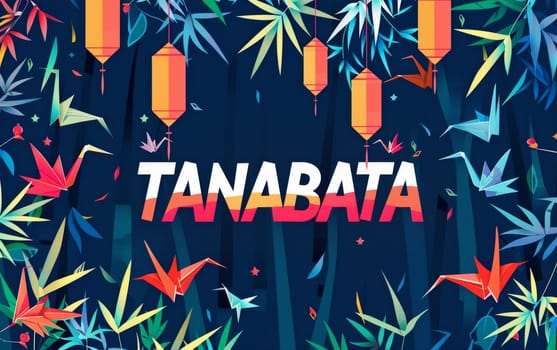 Festive Tanabata graphic featuring vibrant origami cranes and lanterns against a bamboo backdrop, invoking the celebratory spirit of Japanese tradition