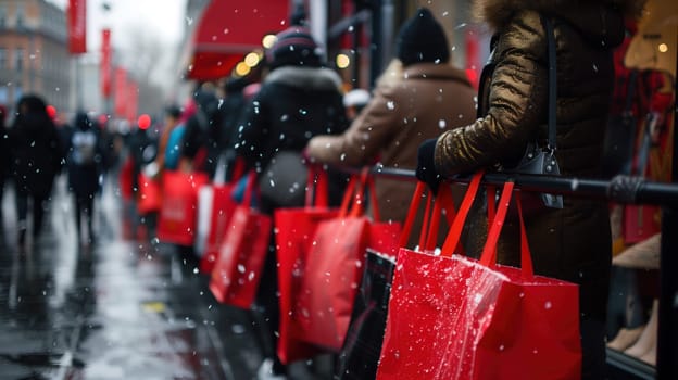 Several individuals, wearing raincoats and carrying umbrellas, are walking quickly down a city street in the rain. The wet pavement reflects the neon lights of the shops around them.