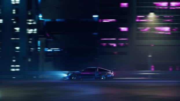 3d render car driving on the city streets at night with neon lights and in a cyberpunk style in 4k