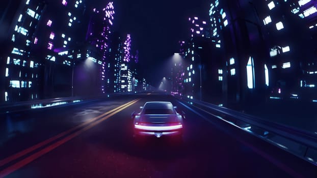 3d render car driving on the city streets at night with neon lights and in a cyberpunk style in 4k