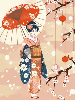 A graceful geisha stands amidst a whimsical spring scene, holding a vibrant red umbrella and adorned with delicate floral accents.