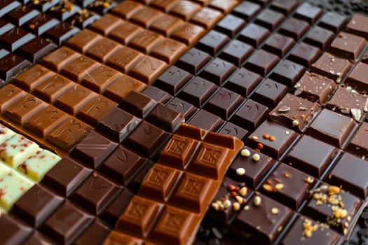 A detailed close-up of a variety of chocolate bars with rich colors, neatly arranged.