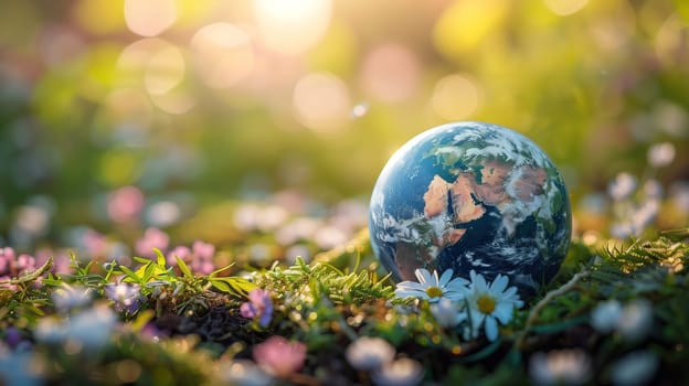 A blue model of Earth is placed on top of a vibrant green grass field. The image represents a concept related to Earth Day and environmental awareness.