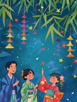 A vivid Tanabata night scene captured with colorful paper lanterns hanging amidst bamboo leaves, sparkling against a starry background in a festive display