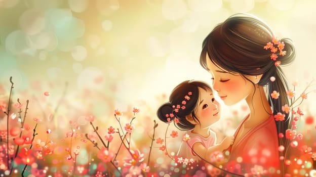 A painted depiction of a mother and child standing amidst a vibrant field of colorful flowers. The mother holds the child tenderly, both appearing content and connected in the natural setting.