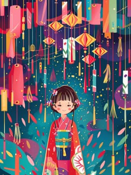 A vivid Tanabata night scene captured with colorful paper lanterns hanging amidst bamboo leaves, sparkling against a starry background in a festive display