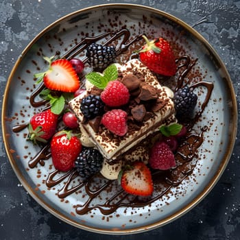 A delicious dessert made with a combination of strawberries, raspberries, blackberries, and chocolate sauce, served on a plate